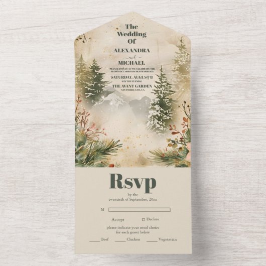 Rustische Waterverf Mountain Forest Winter Wedding All In One Uitnodiging (Binnen)