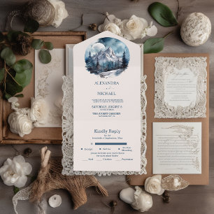 Rustische Waterverf Mountain Forest Winter Wedding All In One Uitnodiging