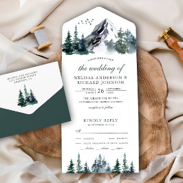 Rustische Waterverf Mountain Forest Winter Wedding All In One Uitnodiging