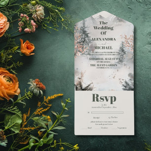 Rustische Waterverf Mountain Forest Winter Wedding All In One Uitnodiging
