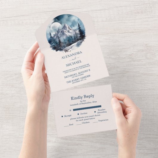Rustische Waterverf Mountain Forest Winter Wedding All In One Uitnodiging (Afscheurbaar)