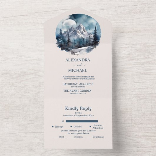 Rustische Waterverf Mountain Forest Winter Wedding All In One Uitnodiging (Binnen)