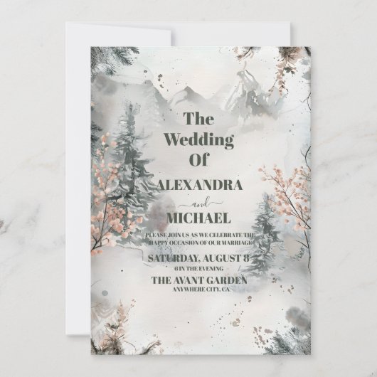 Rustische Waterverf Mountain Forest Winter Wedding Kaart (Voorkant)