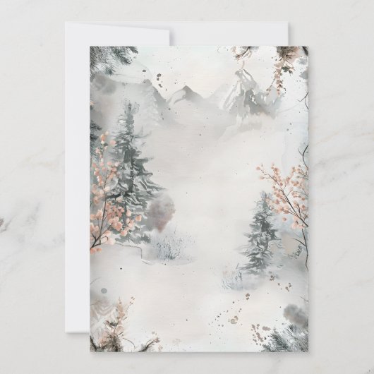 Rustische Waterverf Mountain Forest Winter Wedding Kaart (Achterkant)