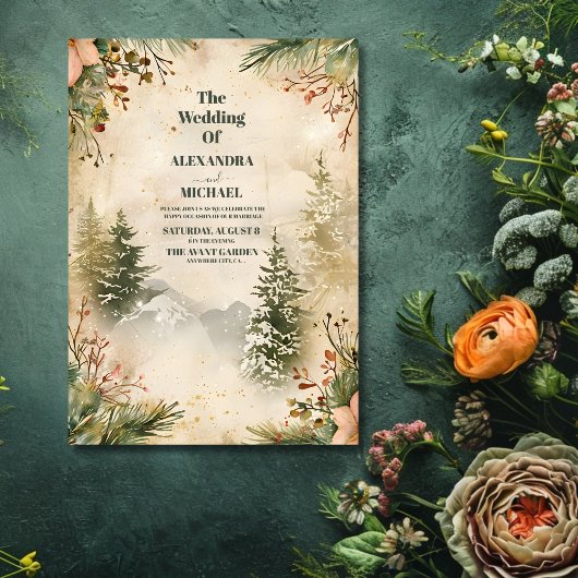 Rustische Waterverf Mountain Forest Winter Wedding Kaart