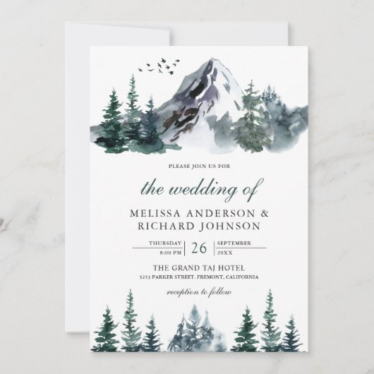 Rustische Waterverf Mountain Forest Winter Wedding Kaart (Voorkant)