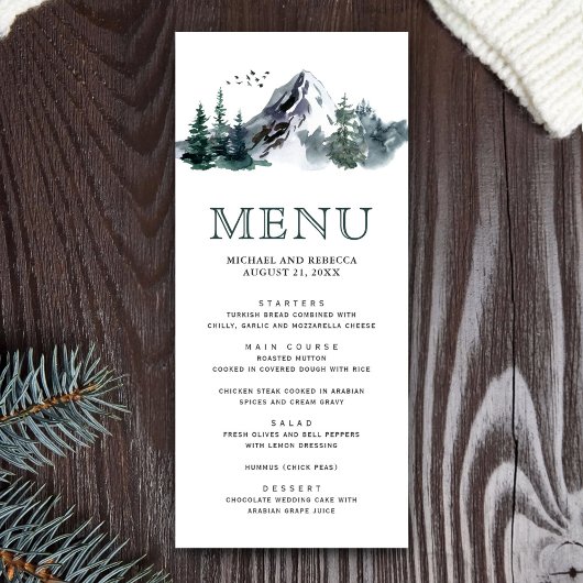 Rustische Waterverf Mountain Forest Winter Wedding Menu