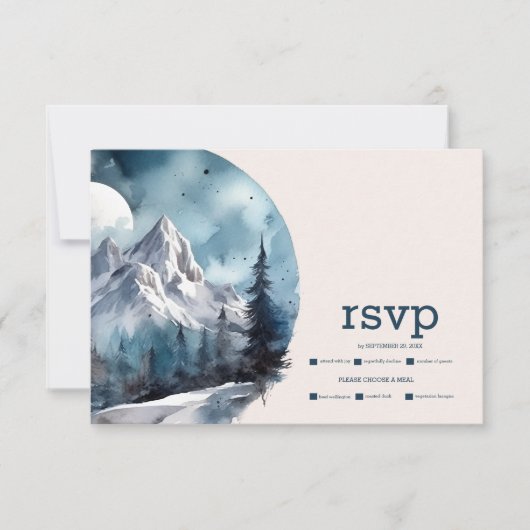 Rustische Waterverf Mountain Forest Winter Wedding RSVP Kaartje (Voorkant)