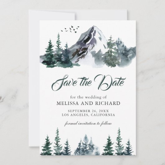 Rustische Waterverf Mountain Forest Winter Wedding Save The Date (Voorkant)