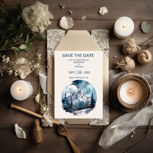 Rustische Waterverf Mountain Forest Winter Wedding Save The Date