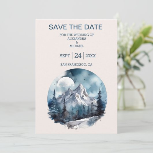 Rustische Waterverf Mountain Forest Winter Wedding Save The Date (Staand voorkant)