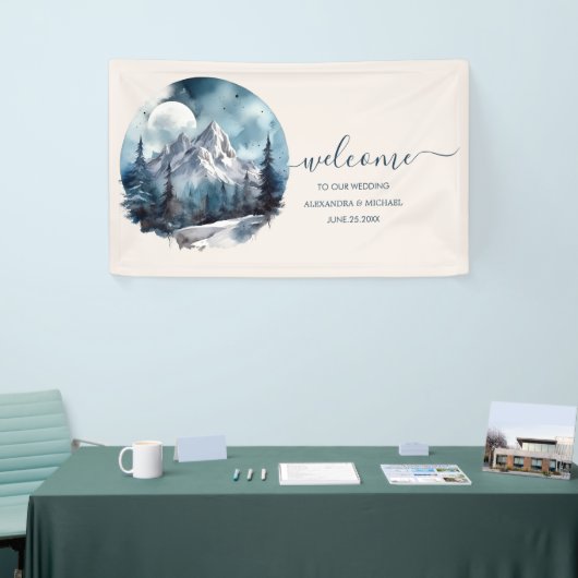 Rustische Waterverf Mountain Forest Winter Wedding Spandoek (Beurs)