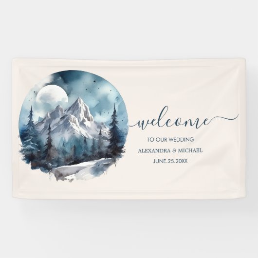 Rustische Waterverf Mountain Forest Winter Wedding Spandoek (Horizontaal)