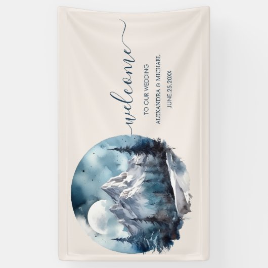 Rustische Waterverf Mountain Forest Winter Wedding Spandoek (Verticaal)