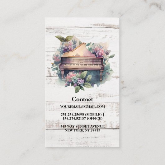 Rustische Waterverf Piano-leraar Visitekaartje (Achterkant)
