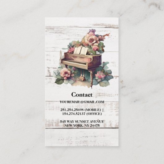 Rustische Waterverf Piano-leraar Visitekaartje (Achterkant)
