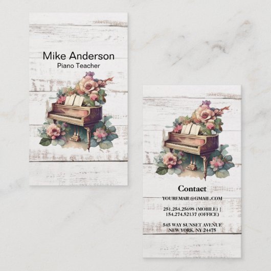 Rustische Waterverf Piano-leraar Visitekaartje (Voorkant / Achterkant)