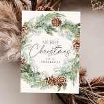 Rustische Waterverf Pine Cone, niet-foto Feestdagenkaart<br><div class="desc">Elegant-vakantiekaart met een waterverf van pinecones,  dennenboughs en een lichtroomkleurige achtergrond. "Vrolijk Kerstmis" wordt weergegeven in een donkergroen script met hieronder weergegeven jouw naam. De niet-fotovakantiekaart keert terug om uw persoonlijk bericht op een donkergroene achtergrond te tonen.</div>