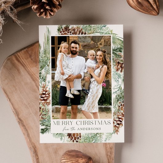 Rustische Waterverf Pine Cone Wreatfoto Feestdagenkaart