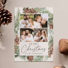 Rustische Waterverf Pine Cone WreatPhoto Collage Feestdagenkaart