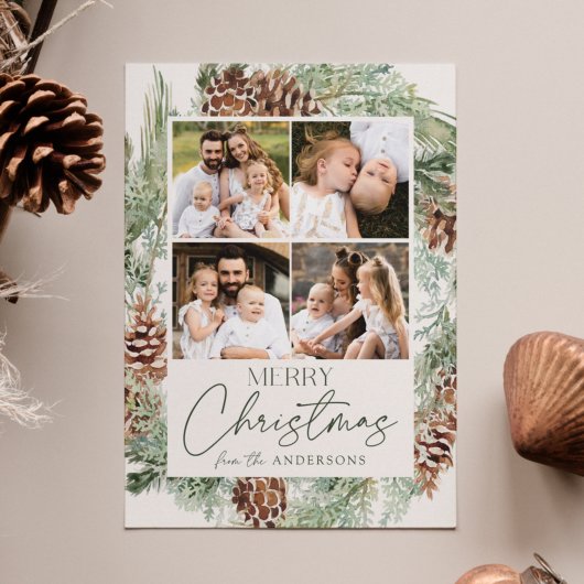 Rustische Waterverf Pine Cone WreatPhoto Collage Feestdagenkaart