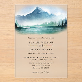 Rustische Waterverf Pine Mountains Lake Wedding Acryl Uitnodigingen
