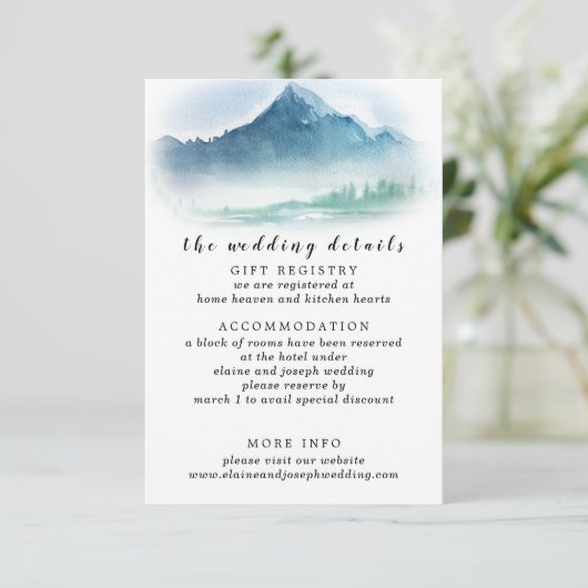 Rustische Waterverf Pine Mountains Lake Wedding Informatiekaartje (Staand voorkant)