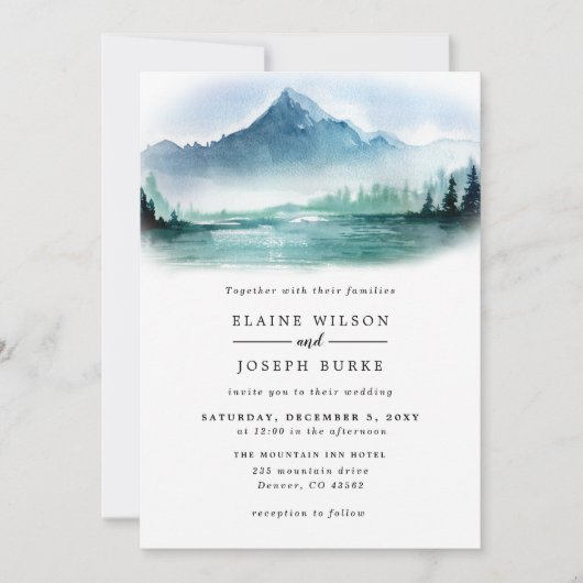 Rustische Waterverf Pine Mountains Lake Wedding Kaart (Voorkant)