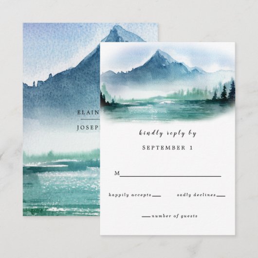 Rustische Waterverf Pine Mountains Lake Wedding RSVP Kaartje (Voorkant / Achterkant)