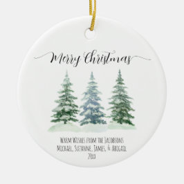 Rustische Waterverf Pine Trees Foto terug Kerstmis Keramisch Ornament