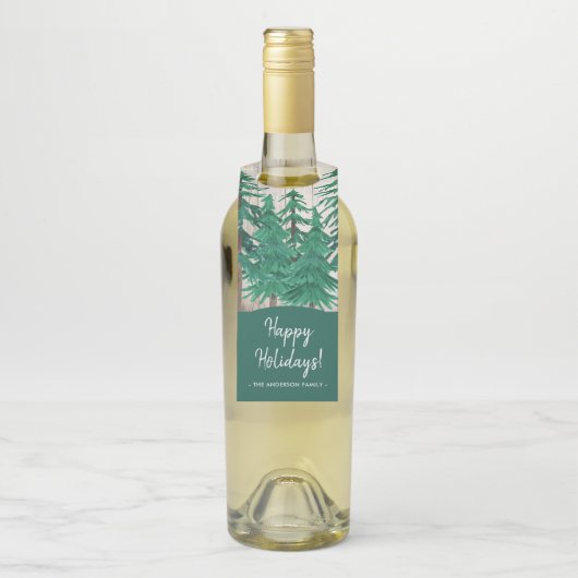 Rustische Waterverf Pine Trees Prettige feestdagen Flessenhanger (Op fles)