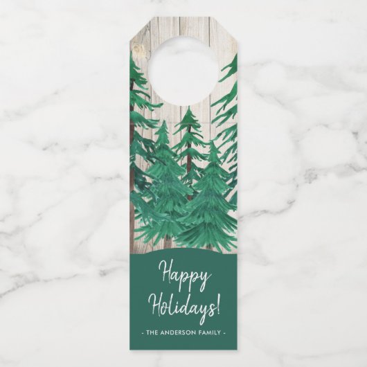 Rustische Waterverf Pine Trees Prettige feestdagen Flessenhanger (Voorkant)