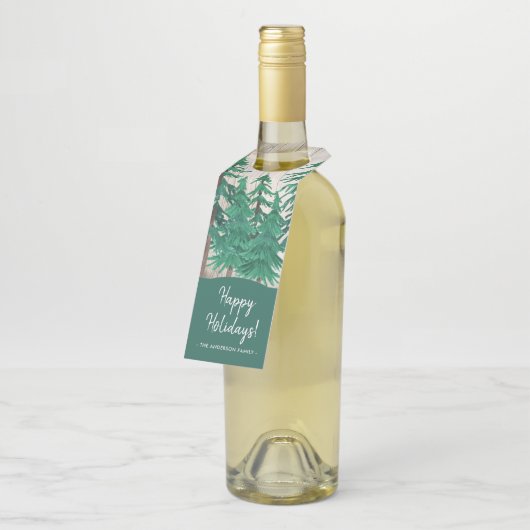 Rustische Waterverf Pine Trees Prettige feestdagen Flessenhanger (Schuin)