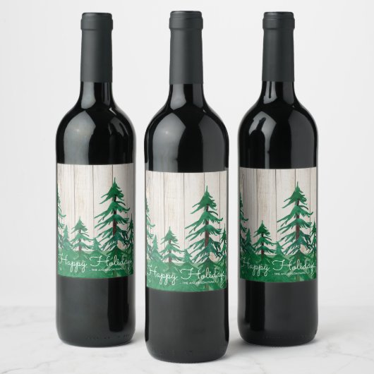 Rustische Waterverf Pine Trees Prettige feestdagen Wijn Etiket (Flessen)