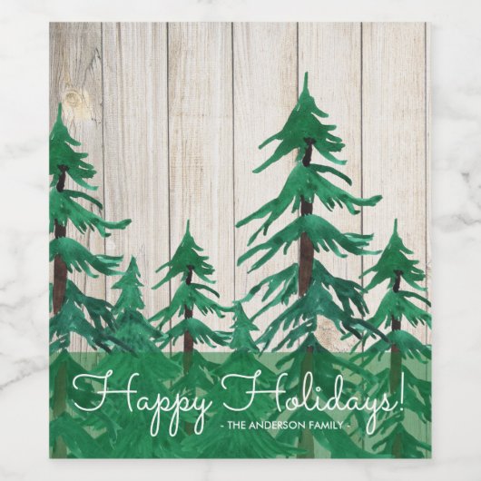 Rustische Waterverf Pine Trees Prettige feestdagen Wijn Etiket (Enkel label)