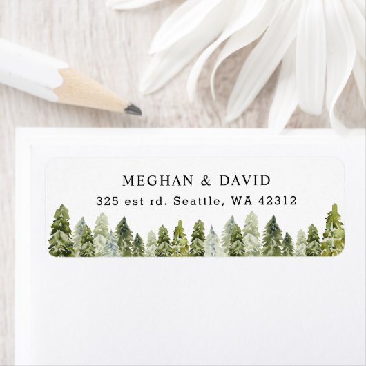 Rustische Waterverf Pine Winter Wedding Etiket (Insitu)