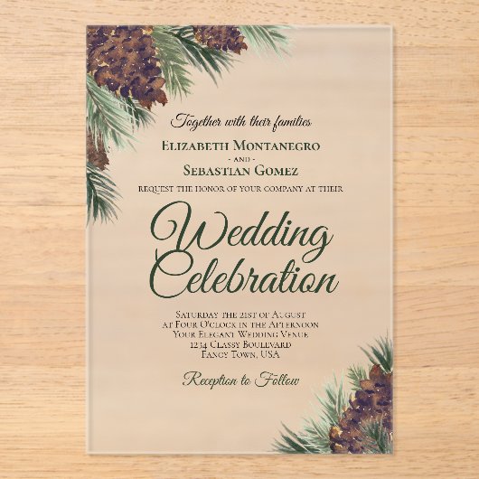 Rustische Waterverf Pinecones Elegant Wedding Acryl Uitnodigingen (Voorkant)