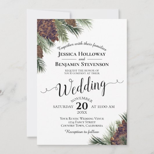 Rustische Waterverf Pinecones Elegant Winter Weddi Kaart (Voorkant)