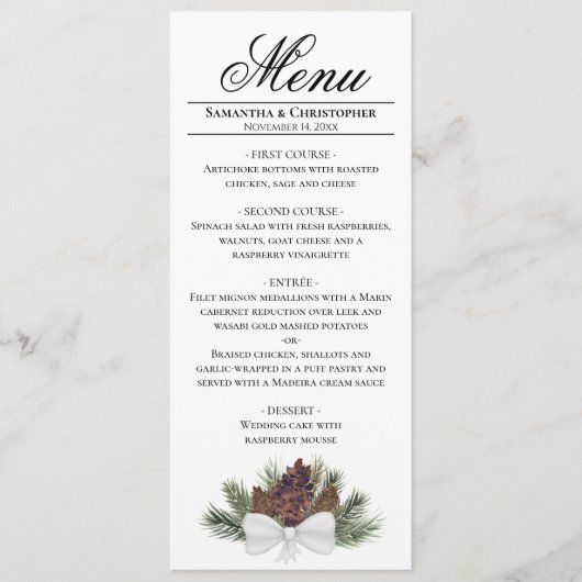 Rustische Waterverf Pinecones Elegant Winter Weddi Menu (Voorkant)