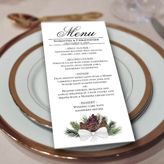 Rustische Waterverf Pinecones Elegant Winter Weddi Menu