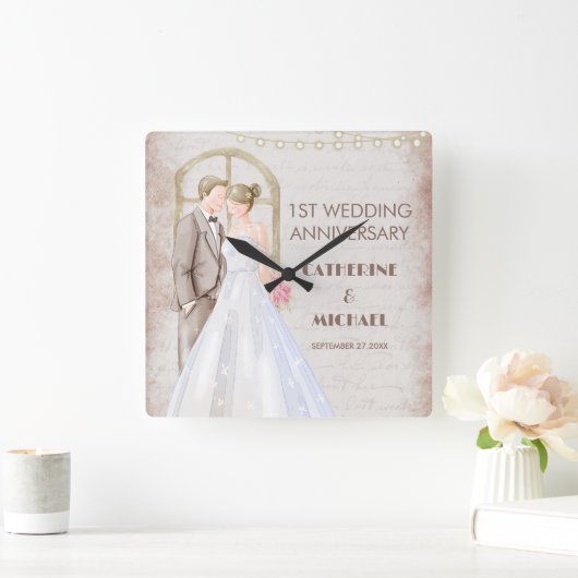 Rustische Waterverf Romantic String Lights Vierkante Klok (Huis)