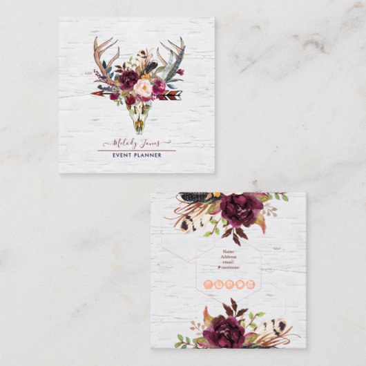 RUSTISCHE WATERVERF STROMEN, BOHO SKULL+ARROW VIERKANTE VISITEKAARTJE (Voorkant / Achterkant)