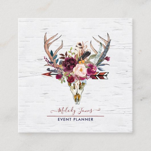 RUSTISCHE WATERVERF STROMEN, BOHO SKULL+ARROW VIERKANTE VISITEKAARTJE (Voorkant)