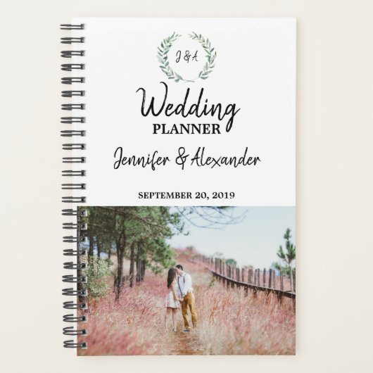 Rustische waterverf verlaat monogrammen foto Weddi Planner (Voorkant)