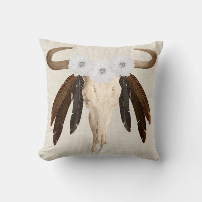 Rustische Westerne Prairie Floral Cow Skull Feathe Kussen (Voorkant)