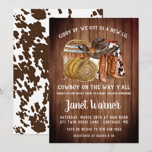 Rustische Westerne Rodeo Cowboy Baby shower Uitnod Kaart (Voorkant / Achterkant)