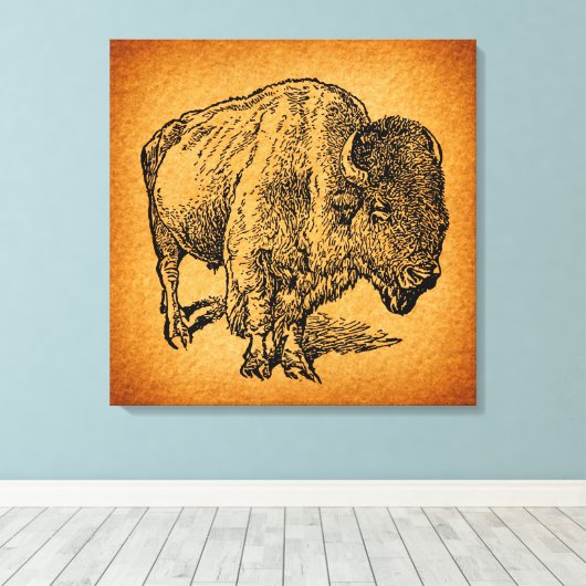 Rustische Westerne Wilde Buffalo Bison Antiek Kuns Canvas Afdruk (Insitu (Houten vloer))