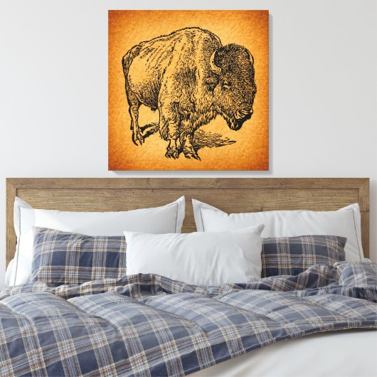 Rustische Westerne Wilde Buffalo Bison Antiek Kuns Canvas Afdruk (Insitu (Slaapkamer))