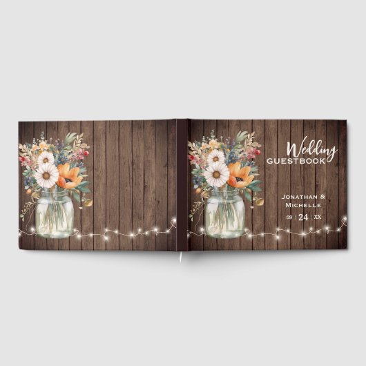 Rustische wilde bloem Barn Wood Country Floral Wed Gastenboek (Volledig)