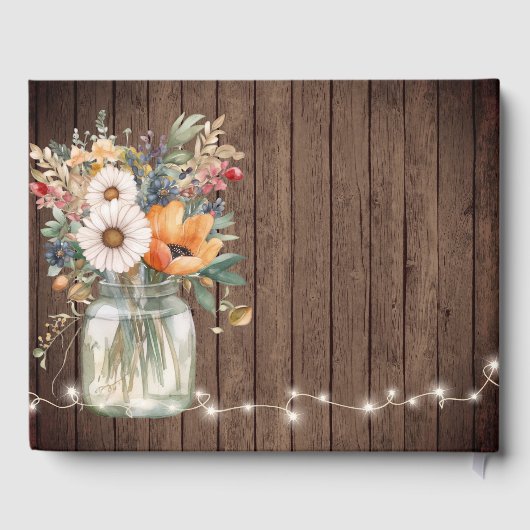 Rustische wilde bloem Barn Wood Country Floral Wed Gastenboek (Achterkant)